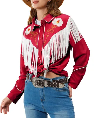 Produktbild von John Moon Damen Blumen Bestickt Fransen Western Shirts Rodeo Cowgirl Button Down