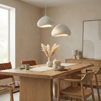 Immagine prodotto di Opviq, moderna lampada a sospensione con struttura in metallo e calotta in fibra di vetro, 40 x 38 x 25 cm, altezza regolabile da 55 a 115 cm, base Ø 40 cm, 2 x E27, max. 40 W, IP20, bianco, elegante e funzionale.