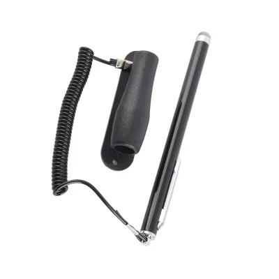 A black stylus pen with a coiled cord and a holder, presented on a white background.