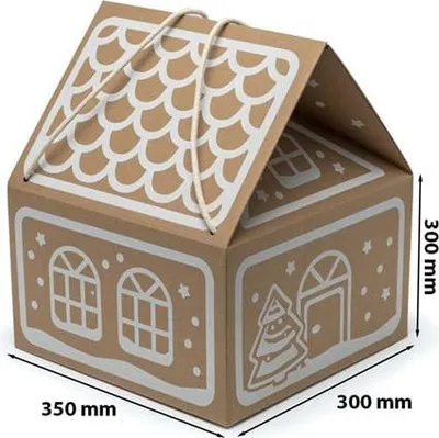 A cardboard gift box shaped like a gingerbread house, decorated with white icing patterns.