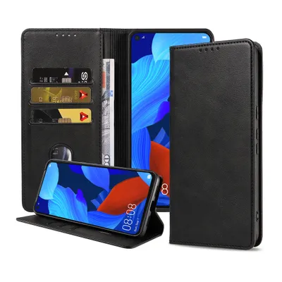 A black leather wallet-style phone case is shown open, displaying a smartphone with a colorful wallpaper and card slots within the case.