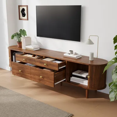 Immagine prodotto di Mobile TV MODFU con 4 cassetti, mobile TV basso moderno con frontale a onde 3D e ante scorrevoli, tavolino TV con ampio spazio di stoccaggio e gambe in legno, noce