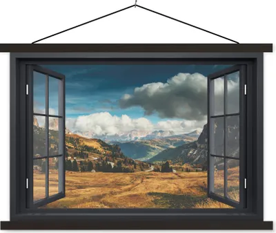 Produktbild von MuchoWow® Textilposter Aussicht - Weg - Berg 60x40 cm mit schwarzem Rahmen - Hölzernes