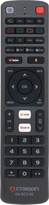 A remote control is shown against a light gray background.