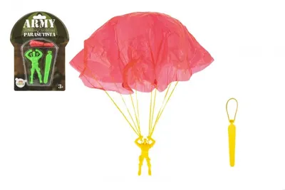 A toy parachute with a figure, shown with its packaging and an accessory.