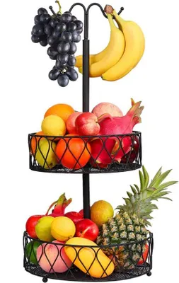 Immagine prodotto di Portafruita a due livelli per banane e con spazio aggiuntivo per la conservazione - ideale per frutta e verdura. (Colore: nero) Portafruita