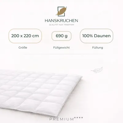 Produktbild von HANSKRUCHEN Daunendecke 155x220 cm Leicht waschbar Allergiker Bettdecke Daunen 100% atmungsaktiv Kassettendecke weiß