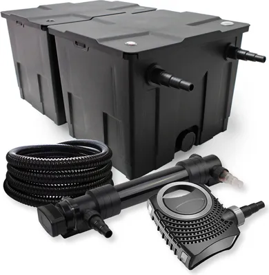 Produktbild von Kompletny zestaw SunSun: filtr stawowy CBF-350B do 60000 l jako filtr przepływowy, pompa stawowa NEO10000 SuperECO 10000 l/h 80 W, odstojnik stawowy CUV-636 z odstojnikiem UVC o mocy 36 W, wąż stawowy 25 m 25 mm