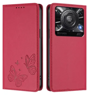 Produktbild von Lederhülle für Oukitel C60, Schmetterling Prägung Leder Brieftasche Schutzhülle mit Ständer Rot