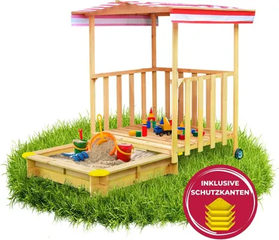 Produktbild von Coemo Spielhaus mit Sandkasten Sonnendach Spiel-Veranda fahrbar