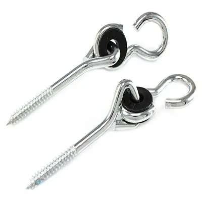 Two metal swing hooks with screw threads and rubber washers, isolated on a white background.