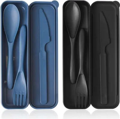 Produktbild von 2-teiliges Reisebesteckset mit Etui - wiederverwendbares Plastikbesteck - Löffel, Messer und Gabelset - tragbar für unterwegs, Camping und Picknick