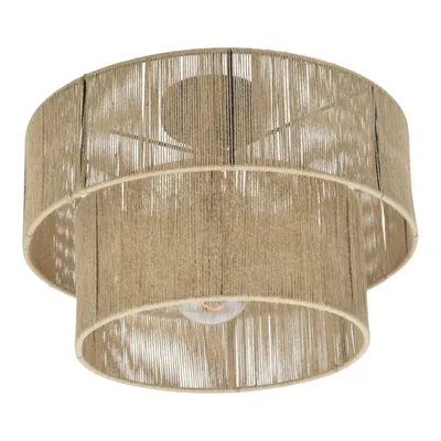 A two-tiered ceiling light fixture made of woven jute material.