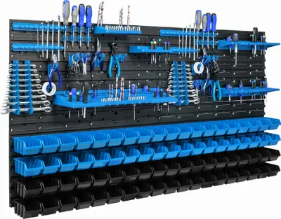 Image de Système de stockage Paroi à outils 156 x 78 cm avec 76 boîtes Bleu et noir