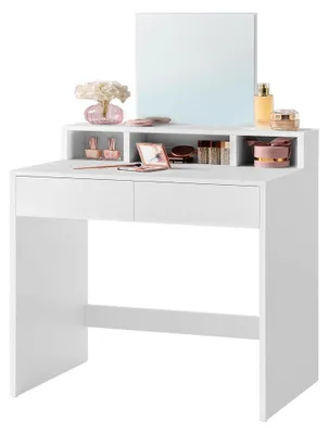 Produktbild von Schminktisch mit großem Spiegel, Frisiertisch, 2 Schubladen, 3 offene Fächer, Kosmetiktisch, modern, weiß