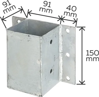 A galvanized metal post anchor with dimensions indicated by text and lines.