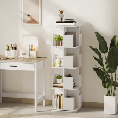 Produktbild von Drehbares Bücherregal 360°, Standregal mit 16 Fächern, Säulenregal, Weiß | 39 x 39 x 128,3 cm | 4 Ebenen | Kippsicherung