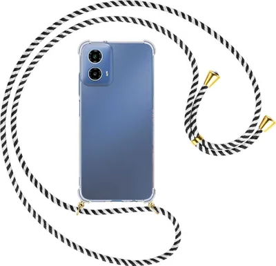 Produktbild von Handykette Backcover-Schutzhülle mit Band (Metall goldfarben) für Motorola Moto G34 5G - schwarz/weiß gestreift