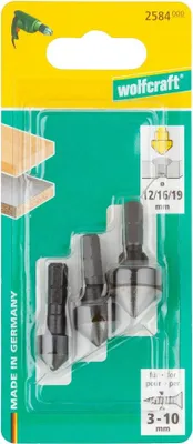 Immagine prodotto di Wolfcraft 2584000 Kegelsenker-Set 3teilig 12 mm, 16 mm, 19 mm Werkzeugstahl 1/4 (6.3 mm) 1 Set