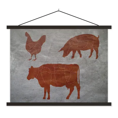 Produktbild von MuchoWow® Textilposter Fleischerdiagramm eines Huhns, eines Schweins und einer Kuh 120x90 cm mit schwarzem Rahmen - Aufhänger für Poster