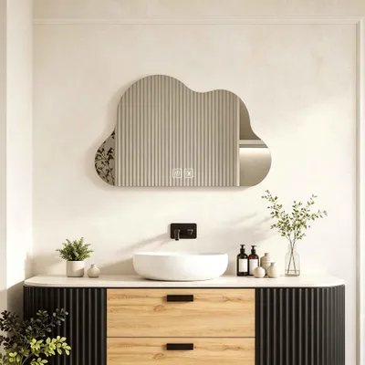 Image de Miroir de salle de bain LED asymétrique, design organique, avec éclairage, anti-buée, interrupteur tactile, 3 couleurs de lumière, miroir mural HD de 5 mm pour salle de bain, 40x60 cm
