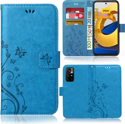 Produktbild von Handy Tasche für Xiaomi Poco M4 Pro 5G Schutz Hülle Handyhülle mit Blumenmuster Klapp Hülle mit Standfunktion und Kartenfächer Blau