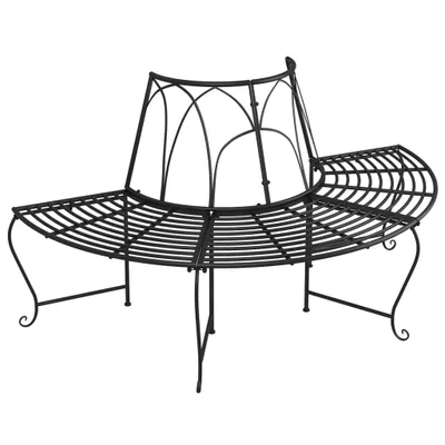 A black metal garden bench with a curved design.