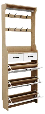 Produktbild von Schuhschrank Garderobenschrank - Flurschrank mit Kleiderstange - 3 Türen 2 Schubladen - Haken & Ablagen - Modernes MDF - Weiß + Eiche