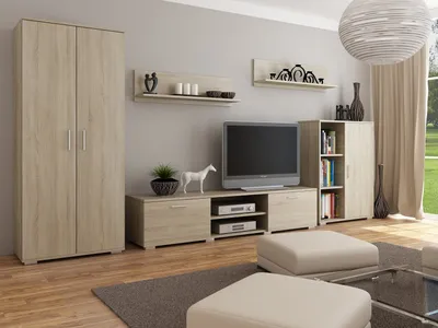 Immagine prodotto di Parete attrezzata California Sonoma Per La Vita Armadio moderno, mobile da soggiorno con tavolo TV, credenza e mensola a muro, soggiorno