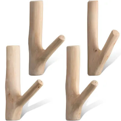 Immagine prodotto di 4 ganci a parete in legno - Stile vintage, legno naturale, ideali per la decorazione della parete