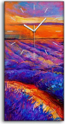 Produktbild von Wanduhr Bürouhr Leinwand Bild Geräuschlos 30x60 Sonnenuntergang Lavendelfelder - weiße Hände