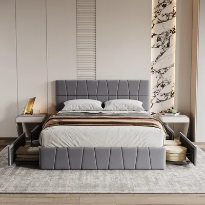 Obrázek produktu pro Šedá manželská postel 160 x 200 cm, sametová, rám postele se 4 zásuvkami, bez matrace