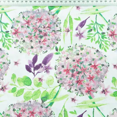 Produktbild von 100% Baumwolle Knoblauchblumen rosa-grün auf weißem Hintergrund - 220cm