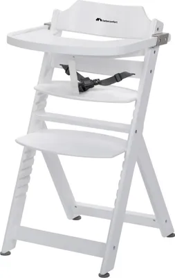 A white wooden high chair is shown against a white background.