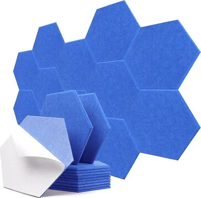 Obrázek produktu pro Šestiúhelníkové akustické desky, modré, samolepicí, 30 x 26 x 0,9 cm, zvukově izolační, vysoká hustota, do studia, kanceláře