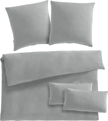 Produktbild von Pure Label Musselin Bettwäsche 200x220 bestehend aus einem Bettbezug 200x220 cm + Kissenbezug 80x80 2er Set + 40x80 Kissenbezug 2er Set in grau