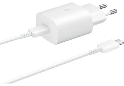 Immagine prodotto di Caricabatterie da parete Samsung Super Fast PD USB-C, modello EP-TA800XWEGWW, con cavo USB-C incluso, 25W, colore bianco, confezione multipla