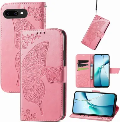 Produktbild von Für Google Pixel 9a Kunstleder Wallet Handy Tasche Schmetterling Design Hülle Etuis Pink