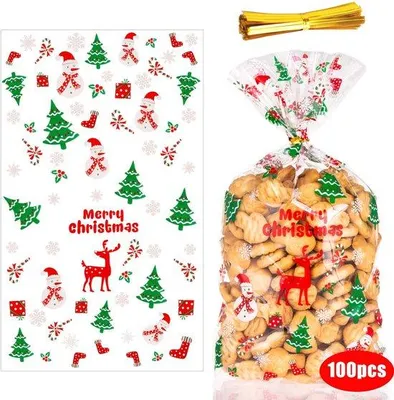 Produktbild von 100 Stück Weihnachtsplätzchentüten, transparente Bonbonbeutel aus Cellophan, verschließbare Süßigkeitenbeutel