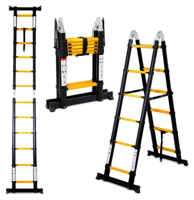 Produktbild von 3,8 m (1,9 m + 1,9 m) Teleskopleiter A-Rahmen, Aluminium Klappleiter mit Stabilisator, Tragbare Mehrzweckleiter, Max. Belastung 150 kg, für Innen- und Außenbereich, Schwarz-Gelb