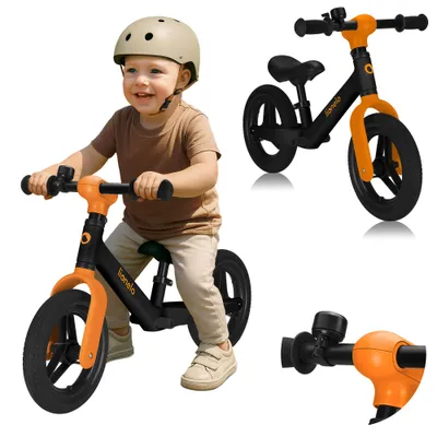 Image de Vélo sans pédales pour enfants TONI, de 18 mois à 30 kg, repose-pieds, siège et guidon réglables, poignée antidérapante, sonnette - Noir Orange