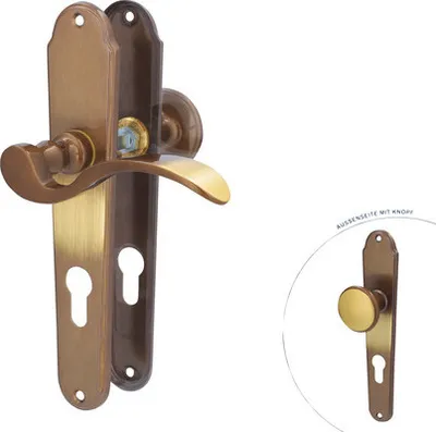 Produktbild von Langschildgarnitur Panda messing/brüniert PZ mit Knopf + Drücker für Wohnungseingangstür rechts
