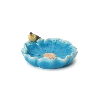 Produktbild von MGO Vogelbad oder Vogeltränke mit blauer Blütenform und Vogel, 39,5x37x16 cm, ideal für Garten und Außenbereich