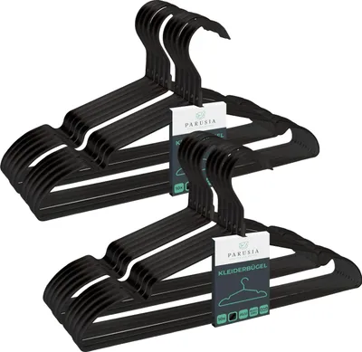 Produktbild von 20x Parusia Kleiderbügel schwarz, 42cm breit, 1cm stark, Kleiderbügel Metall rostfrei, formstabil, zur platzsparenden Kleideraufbewahrung & Organisation von Kleiderschrank, Kleiderständer