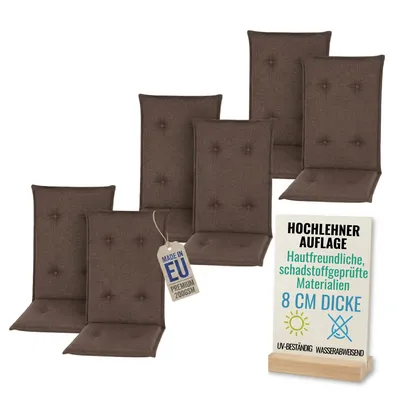 Produktbild von Pillows24 - 6x Hochlehner Auflagen 120x50x8 cm | Gesteppte Wetterfeste Gartenstuhlauflagen | Polster Sitzkissen für  Gartenmöbel |   EU | Braun