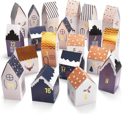 Produktbild von Adventskalender zum Befüllen - 24 Weihnachtskalender - Häuser zum Selberbasteln - Schachteln - Weihnachtsdorf - Adventszeit - Zum Selberfüllen - Hausform