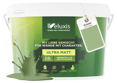 Produktbild von Wandfarbe Grün Salbeigrün Gelb Matt Innenfarbe – Deckkraft Klasse 1, VOC-frei, Ohne Grundierung, Tropfarm – Wohnzimmer & Schlafzimmer – 2,5L – Veluxis (Green Grape)