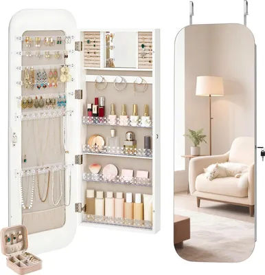 Produktbild von Schmuckschrank mit Ganzkörperspiegel - Hängende Schmuckaufbewahrung - 108 cm Höhe - Wand- & Türmontage - Abschließbar (2 Schlüssel) - Viel Stauraum - Mit Reise-Organizer - Weiß
