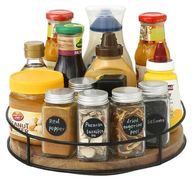 Produktbild von Drehbarer Gewürzständer aus Holz mit Drehteller, Küchenorganizer, Drehteller für Schrank, Kühlschrank oder Arbeitsplatte (Holzfarbe, 26 cm)