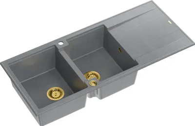 Produktbild von QUADRON Spülbecken 2-Becken Spüle | Größe: 116 x 50 x 21 cm | EVAN 121 | Küchenspüle Granitspüle aus GraniteQ mit Siphon | Grau & Golden